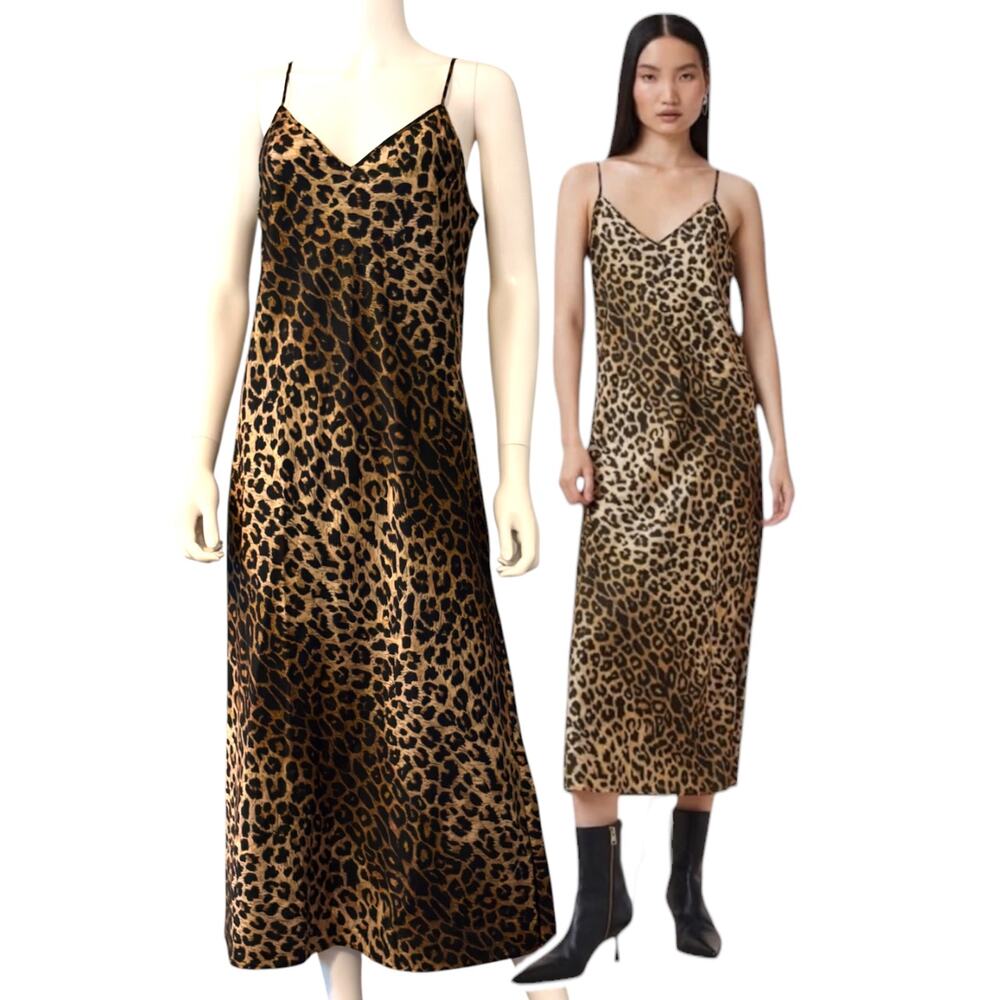 AllSaints Hara Leopard Print Slip Dress Size Large Midi Spaghetti Straps Cami